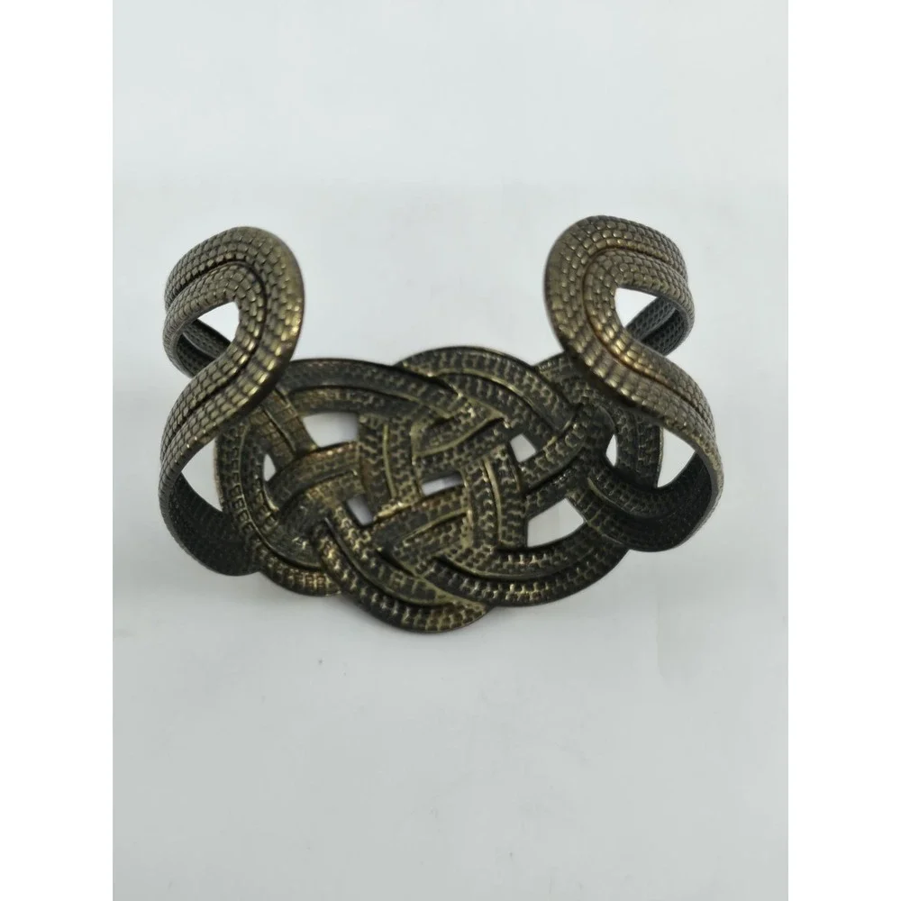 Vintage Wide Bronze Celtic Knot Cuff Bracelet Snakeskin Textured Openwork Boho